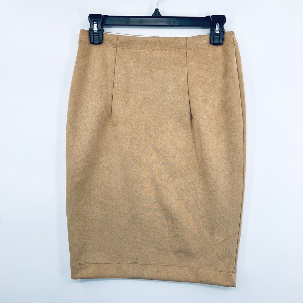 T Tahari Faux Leather Suede Pencil‎ Skirt Size S Elastic Waist Quiet Luxury Chic